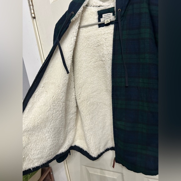 L.L.Bean Flannel Sherpa Lined Hooded Shirt Jacket Blue Green Plaid Large Petite - Picture 6 of 8